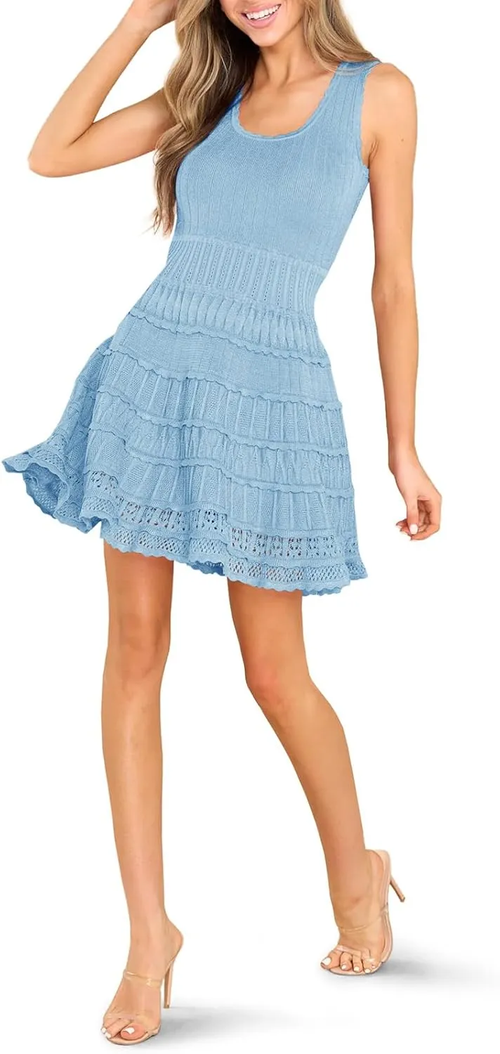 Fisoew Womens Summer Mini Dresses Casual Crewneck Knitted Crochet Hem Flowy Tank Sundress