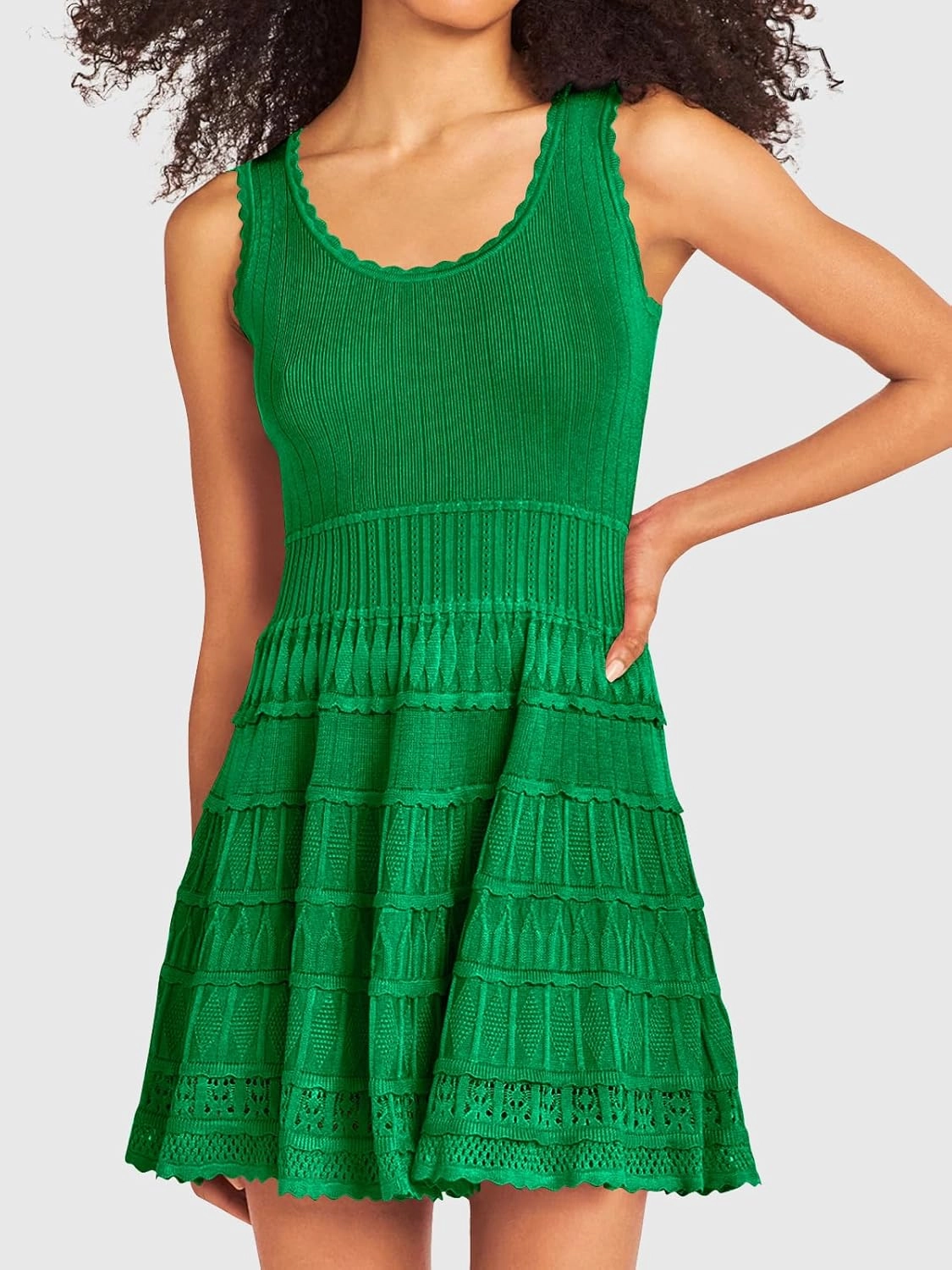 Fisoew Womens Summer Mini Dresses Casual Crewneck Knitted Crochet Hem Flowy Tank Sundress
