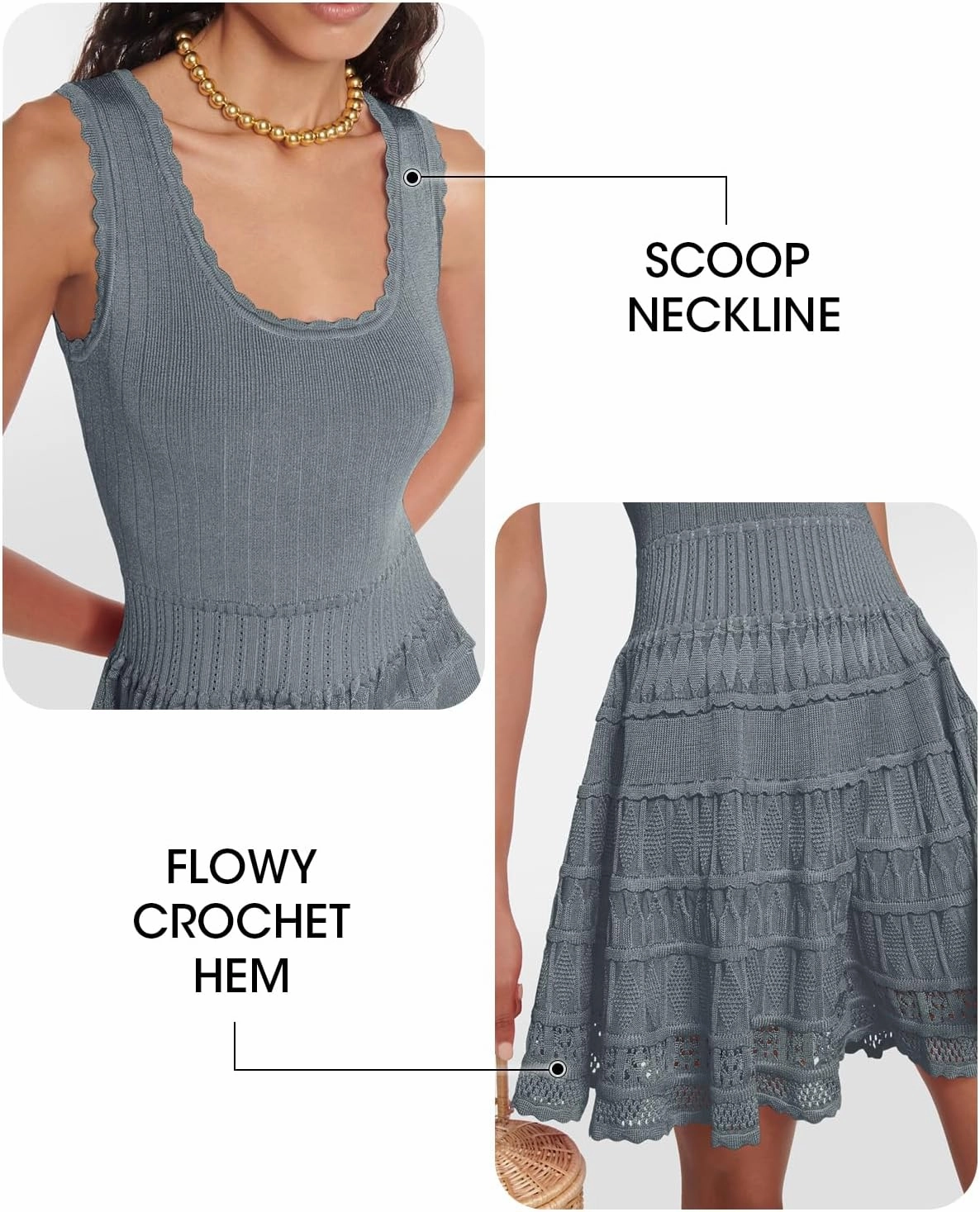 Fisoew Womens Summer Mini Dresses Casual Crewneck Knitted Crochet Hem Flowy Tank Sundress