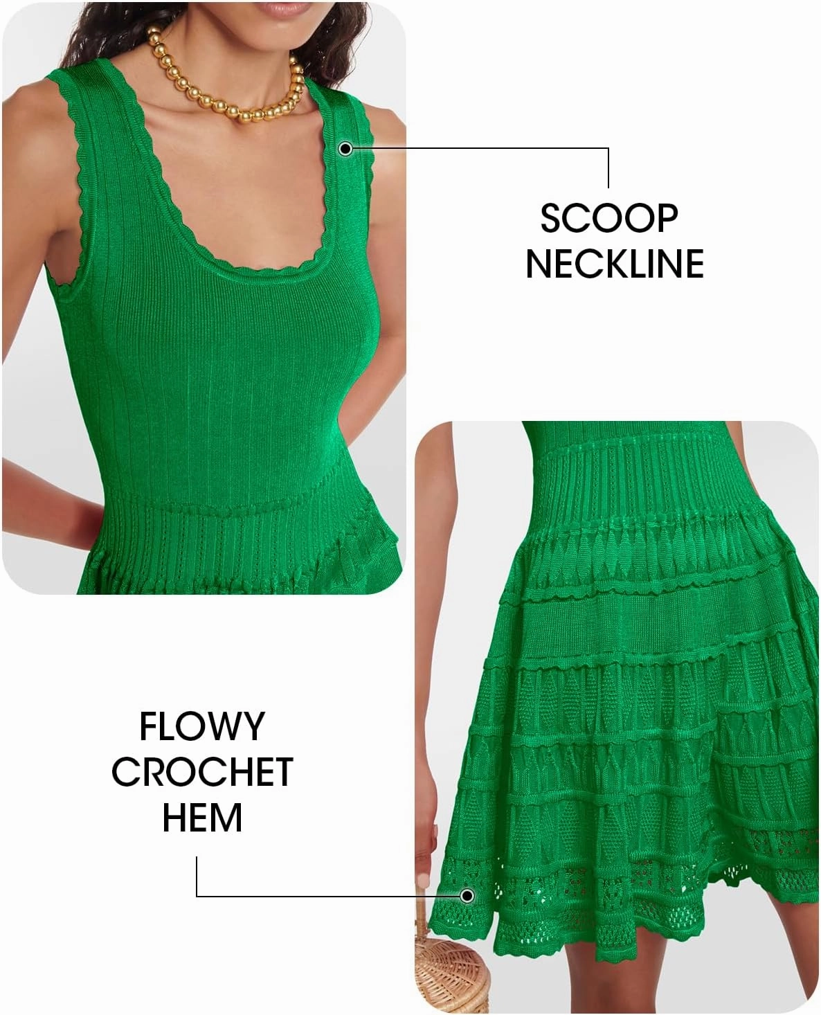 Fisoew Womens Summer Mini Dresses Casual Crewneck Knitted Crochet Hem Flowy Tank Sundress