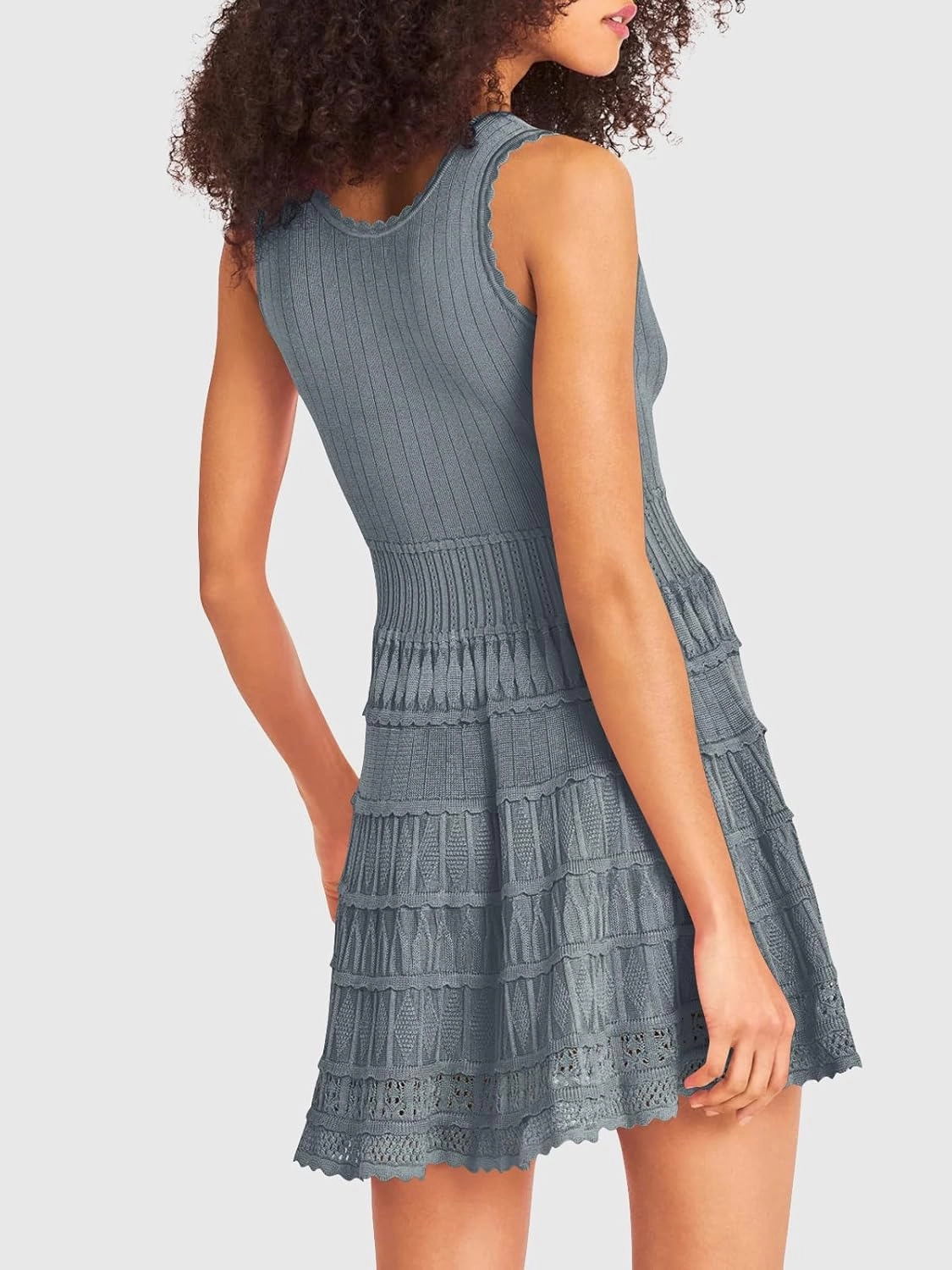 Fisoew Womens Summer Mini Dresses Casual Crewneck Knitted Crochet Hem Flowy Tank Sundress