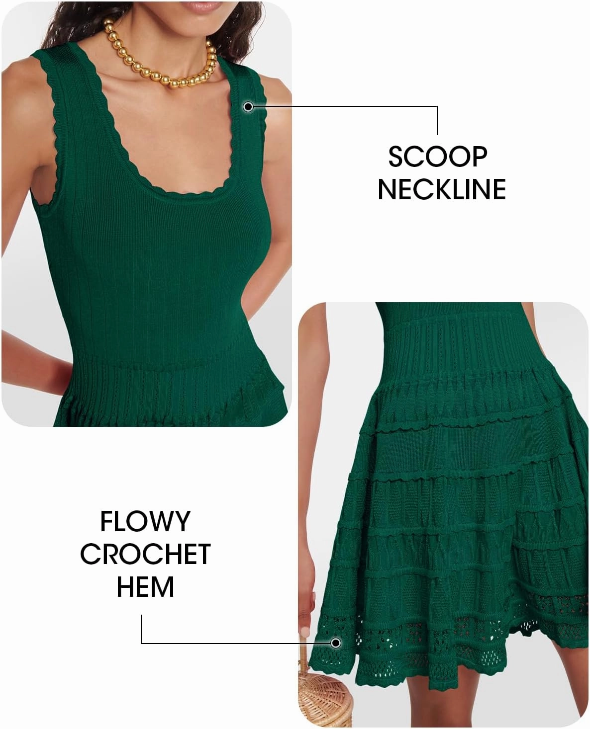 Fisoew Womens Summer Mini Dresses Casual Crewneck Knitted Crochet Hem Flowy Tank Sundress