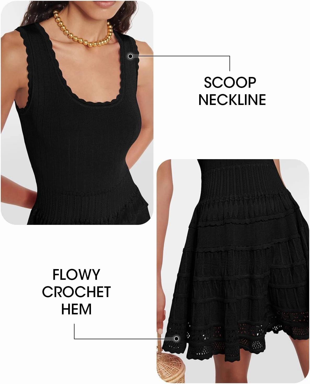 Fisoew Womens Summer Mini Dresses Casual Crewneck Knitted Crochet Hem Flowy Tank Sundress