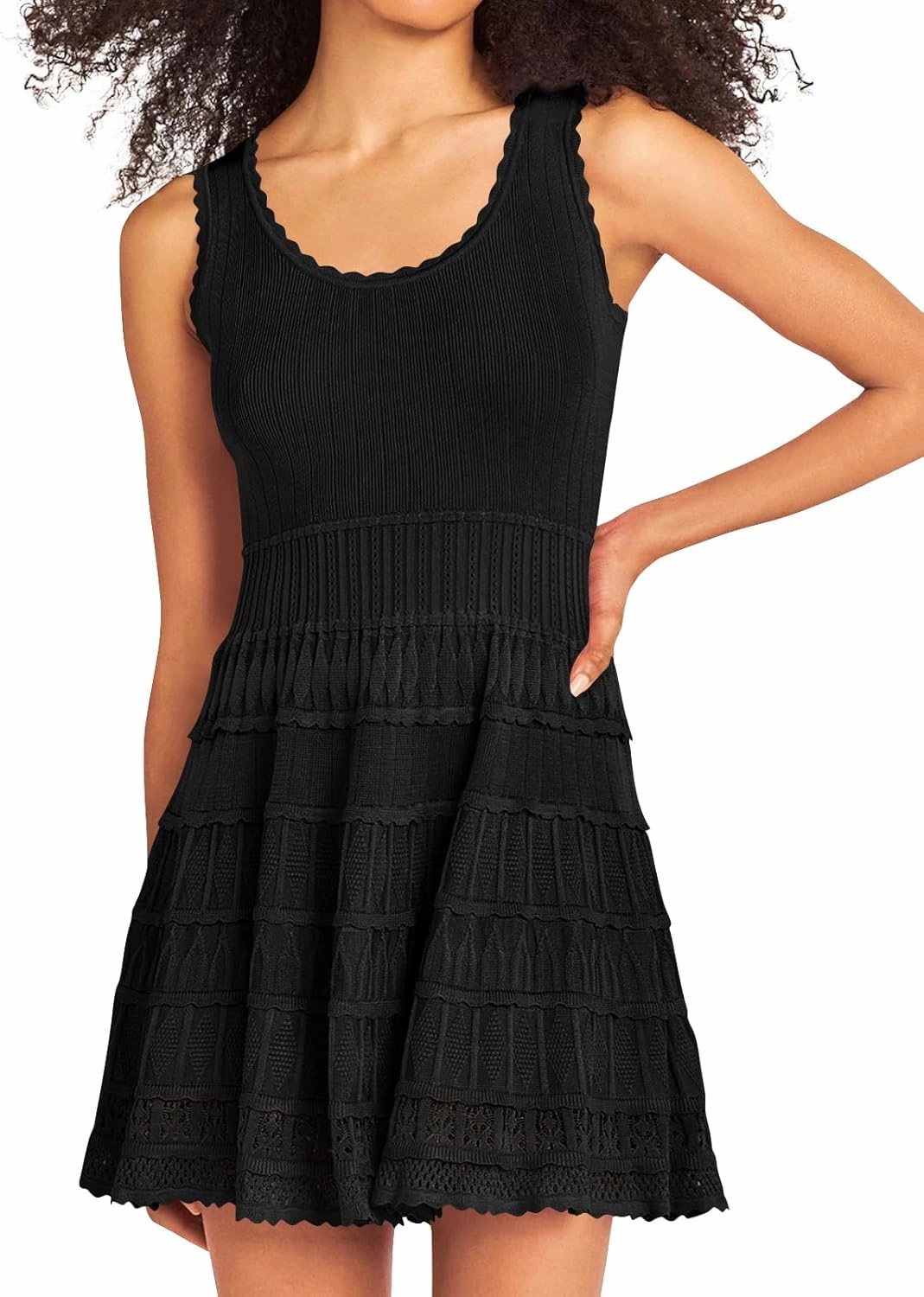 Fisoew Womens Summer Mini Dresses Casual Crewneck Knitted Crochet Hem Flowy Tank Sundress