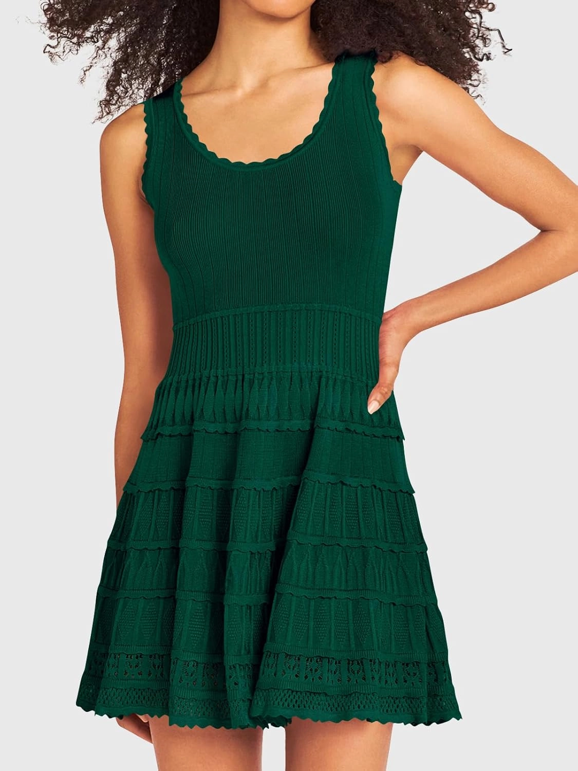 Fisoew Womens Summer Mini Dresses Casual Crewneck Knitted Crochet Hem Flowy Tank Sundress