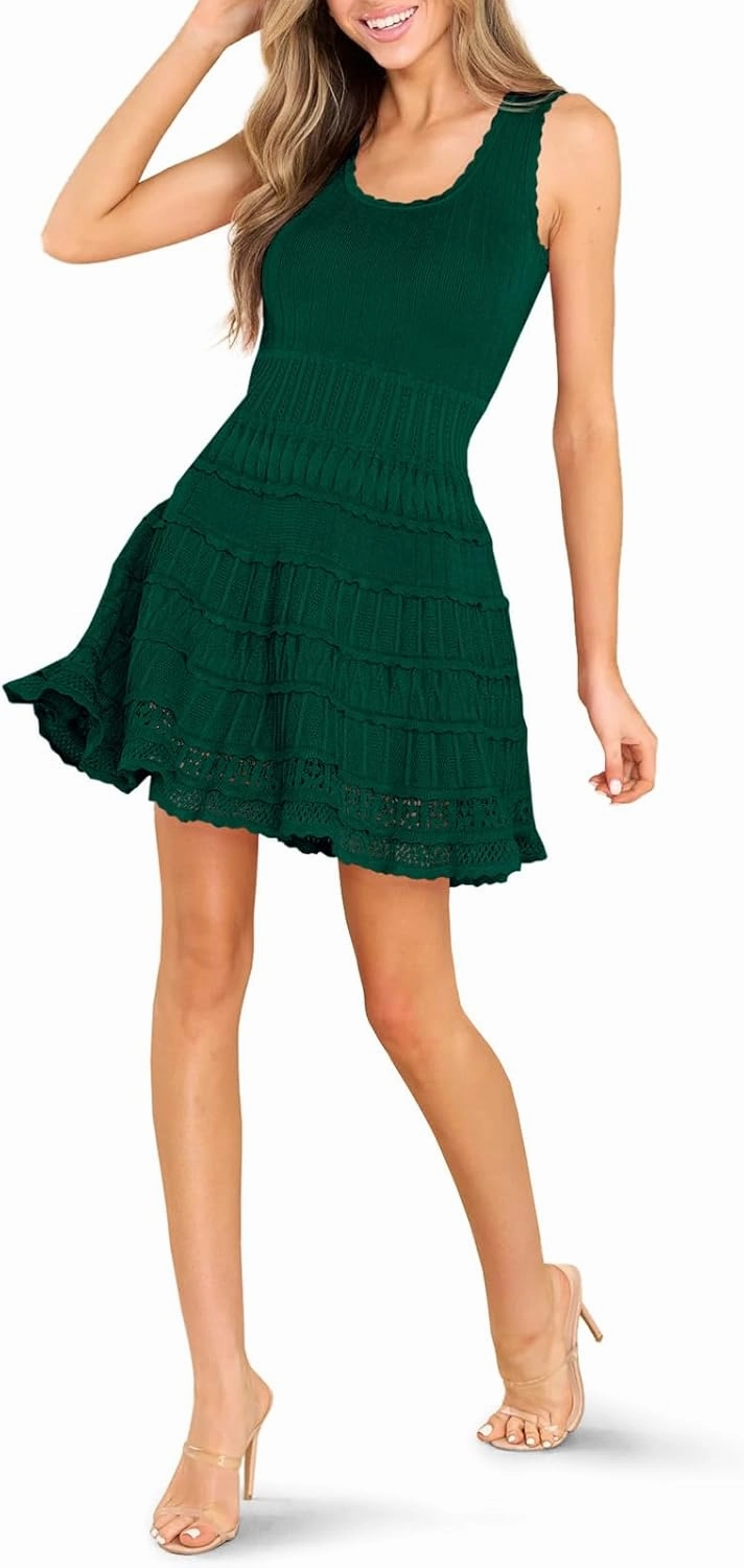 Fisoew Womens Summer Mini Dresses Casual Crewneck Knitted Crochet Hem Flowy Tank Sundress