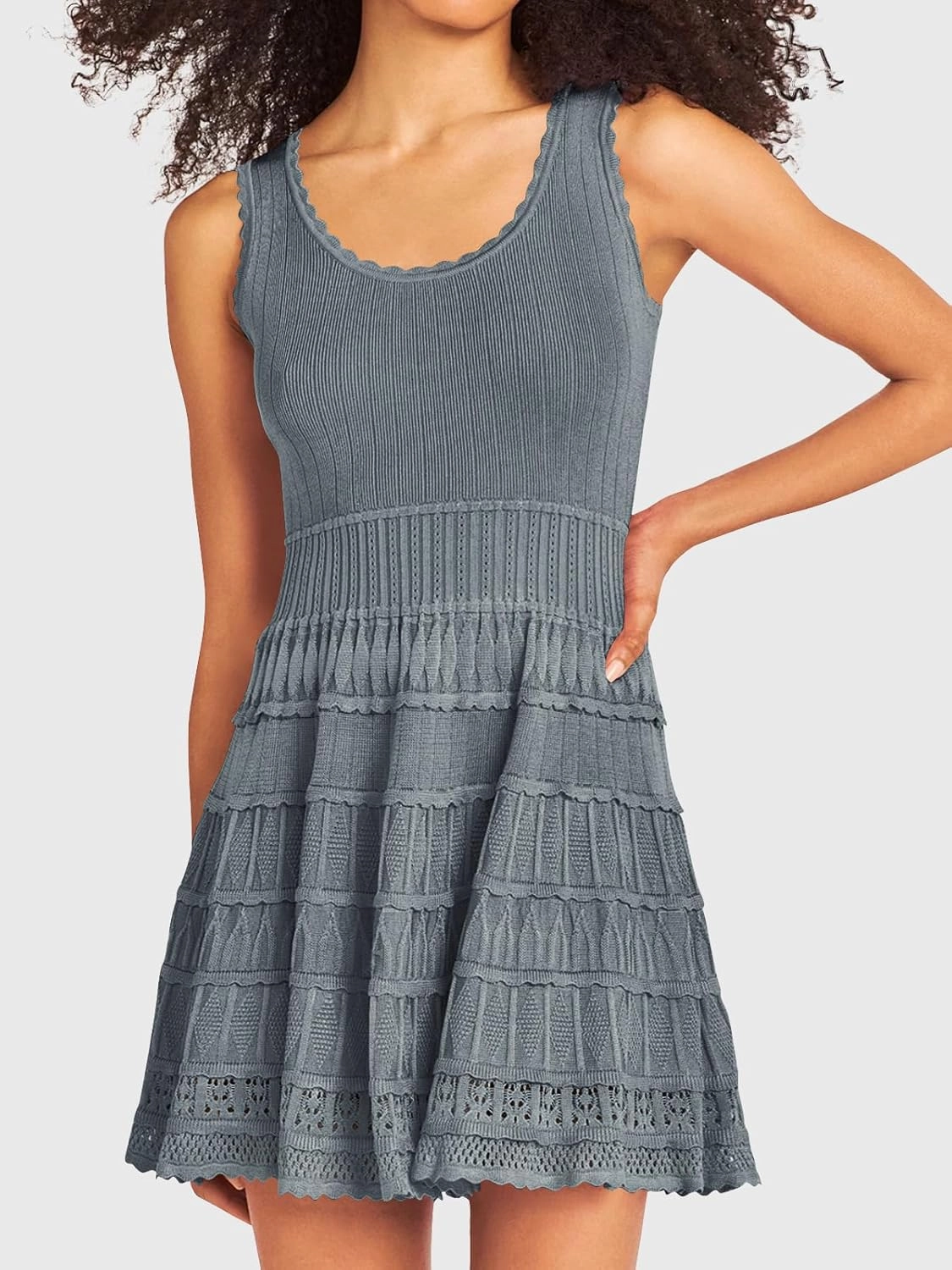 Fisoew Womens Summer Mini Dresses Casual Crewneck Knitted Crochet Hem Flowy Tank Sundress