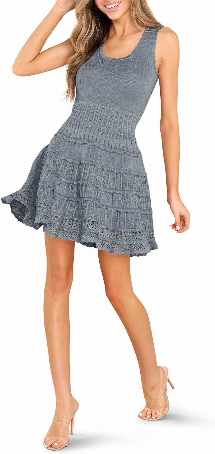 Fisoew Womens Summer Mini Dresses Casual Crewneck Knitted Crochet Hem Flowy Tank Sundress