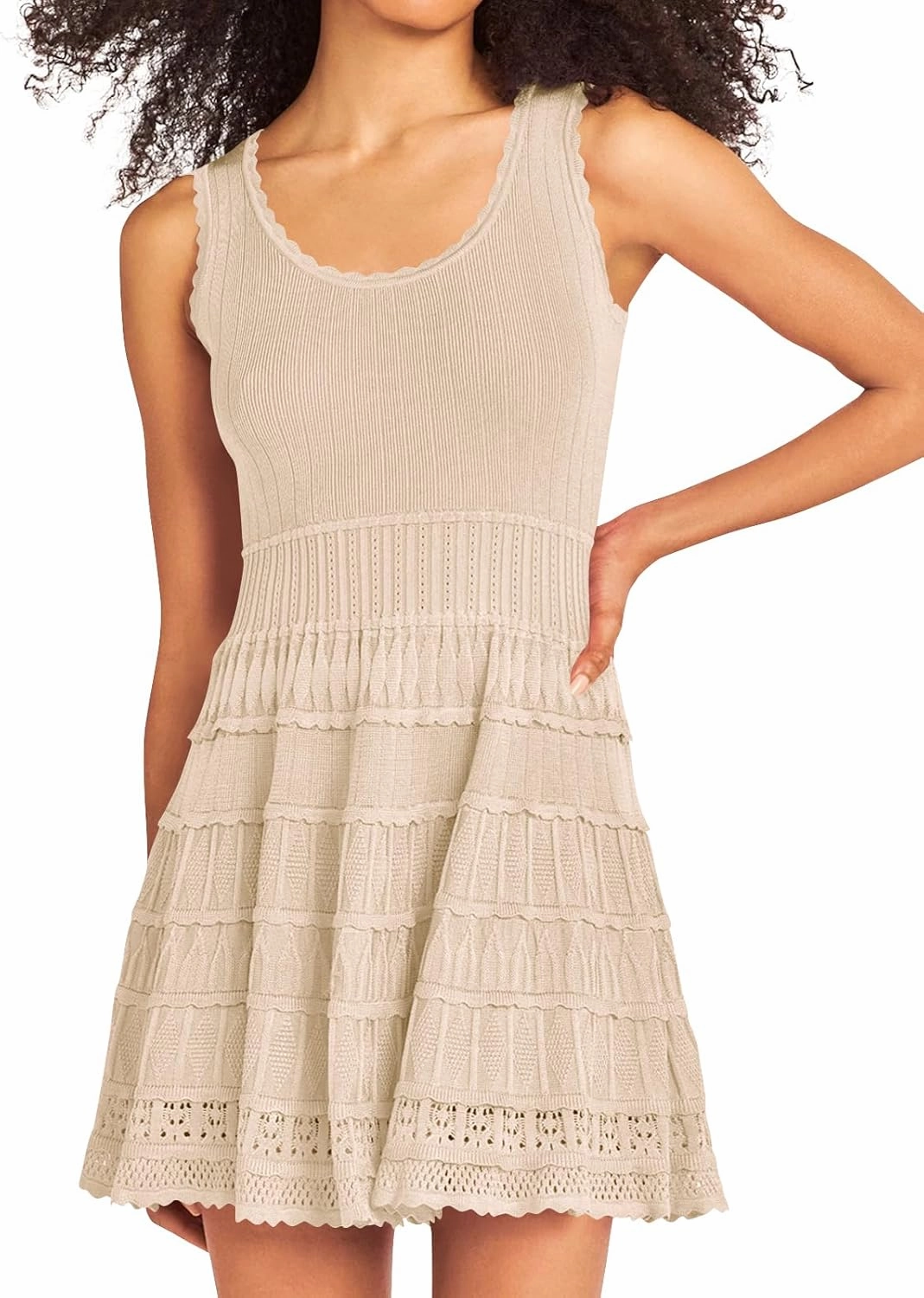 Fisoew Womens Summer Mini Dresses Casual Crewneck Knitted Crochet Hem Flowy Tank Sundress