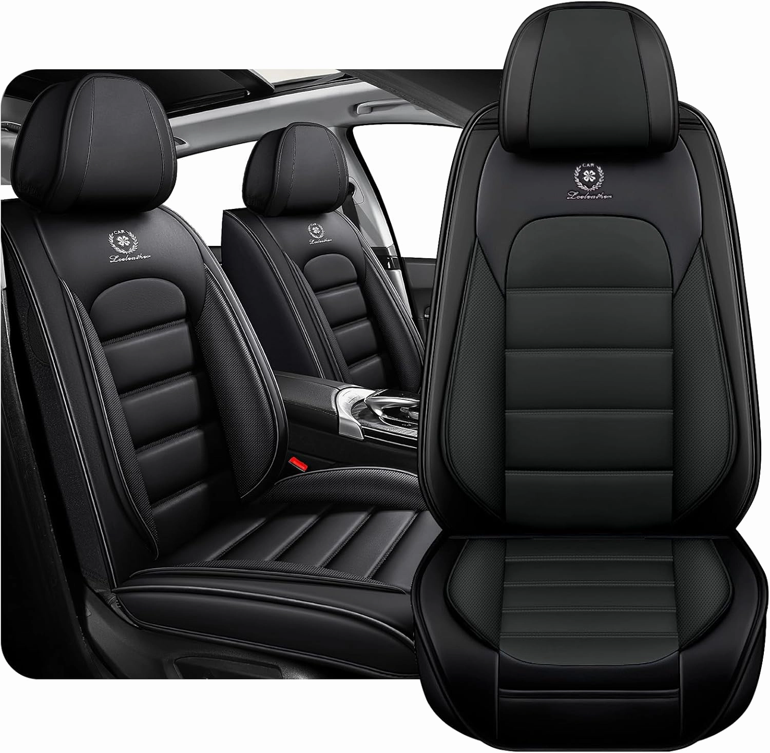 Fit for 98% of Ford Car Seat Covers, Full Surround Napa Leather Auto Seat Cover Reserve Airbag Exit(Classic Black,Front Set)
