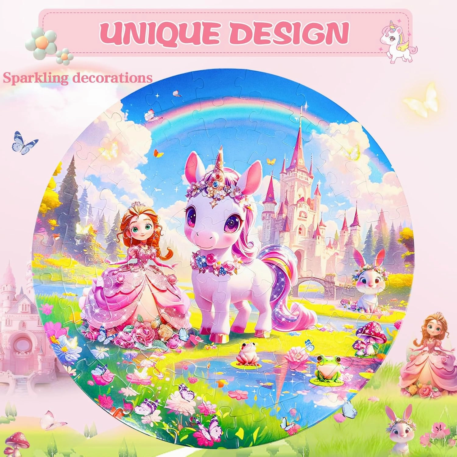 Floor Puzzles for Kids Ages 4-6, 70 Pieces Large Round Unicorn Princess Floor Puzzle Unicorn Jigsaw Puzzle Toy for 3 4 5 6 Toddler Girls - Educational Christmas, Birthday Gift