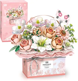 Flower Bouquet Building Blocks Model Set,Simulation Artificial Rose Handheld Gift Box,Bonsai Plant Building Bricks Toys,Home Decor (Fantasy Pink)