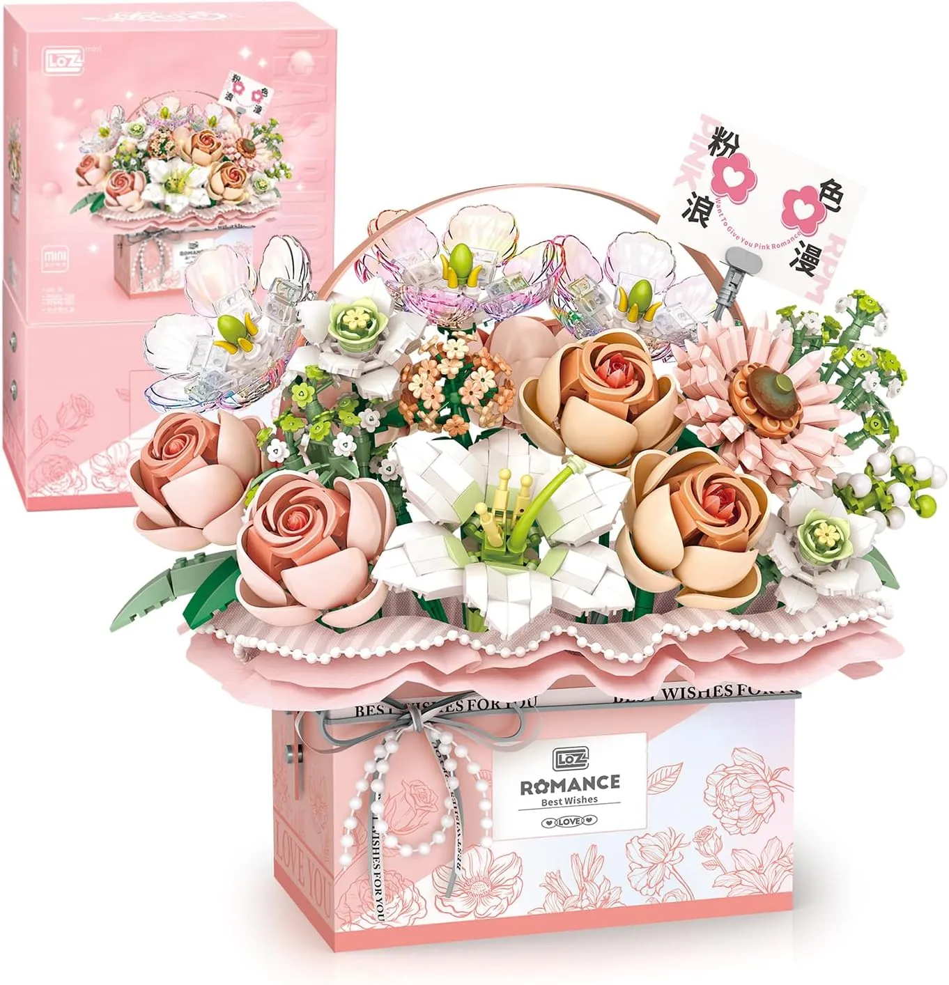 Flower Bouquet Building Blocks Model Set,Simulation Artificial Rose Handheld Gift Box,Bonsai Plant Building Bricks Toys,Home Decor (Fantasy Pink)
