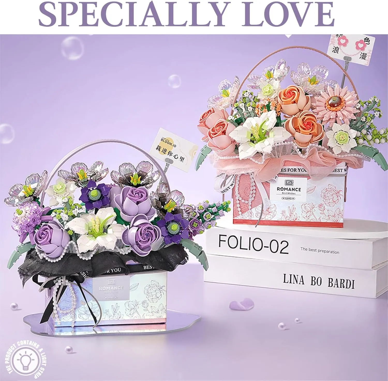 Flower Bouquet Building Blocks Model Set,Simulation Artificial Rose Handheld Gift Box,Bonsai Plant Building Bricks Toys,Home Decor (Fantasy Pink)