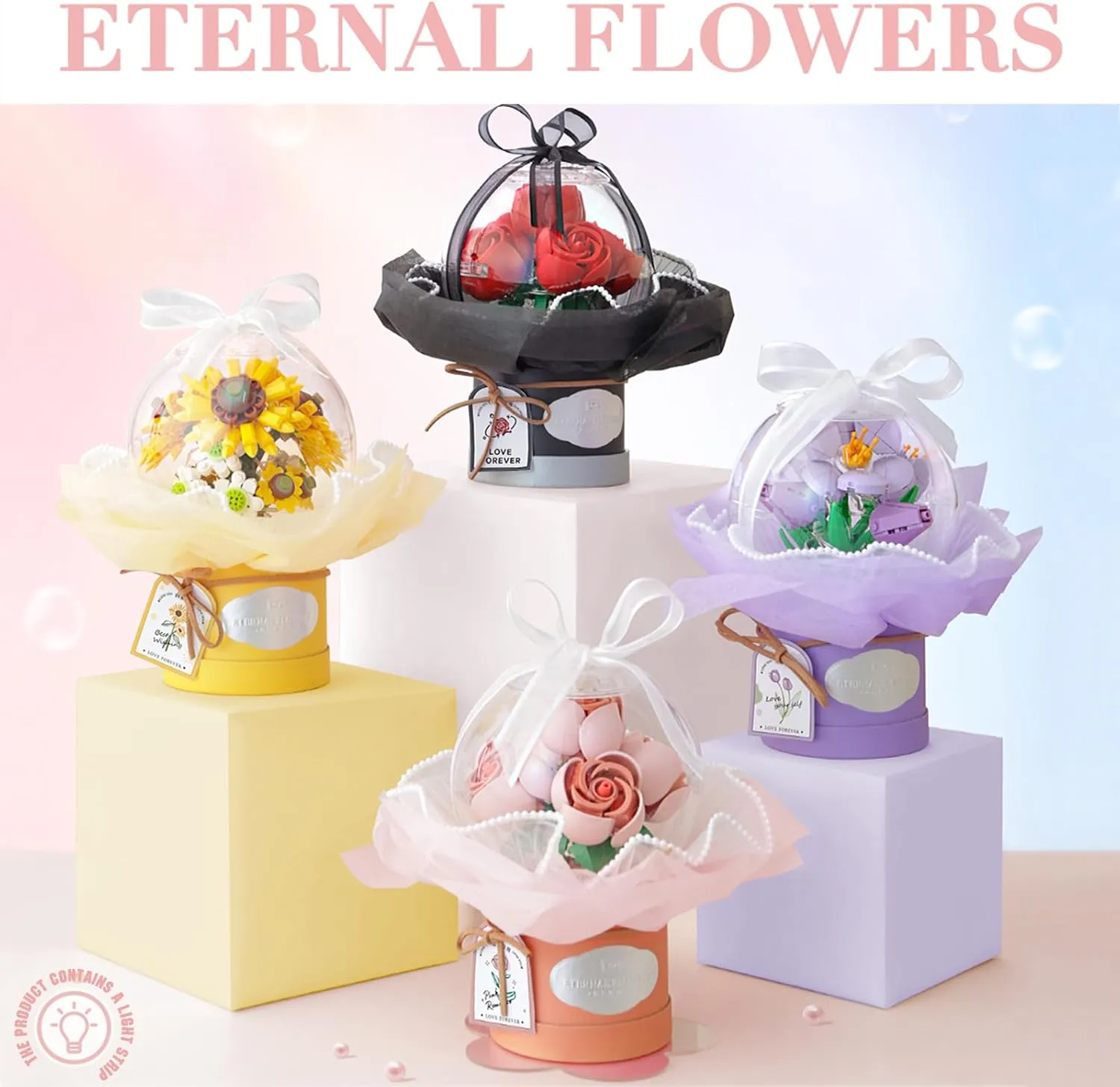 Flower Building Blocks Set with Dust-Proof Dome,Simulation Bouquet for Valentine's Day,Bonsai Building Bricks Toys,Home Decor (Red Rose)