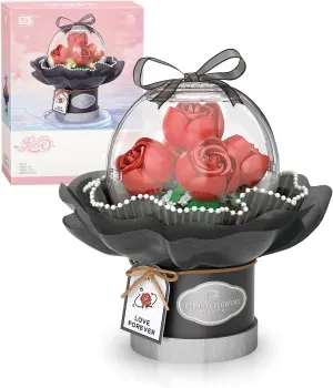Flower Building Blocks Set with Dust-Proof Dome,Simulation Bouquet for Valentine's Day,Bonsai Building Bricks Toys,Home Decor (Red Rose)
