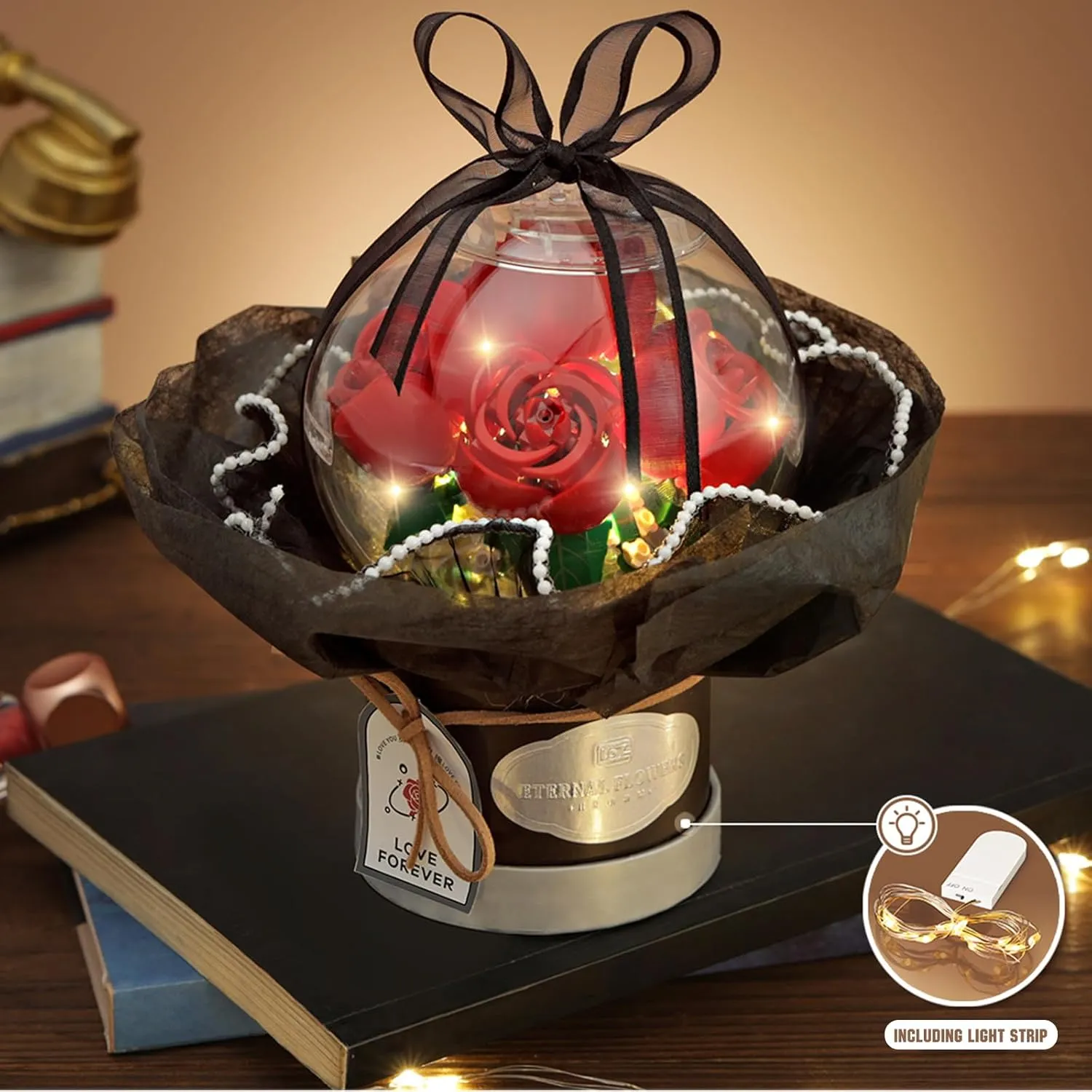Flower Building Blocks Set with Dust-Proof Dome,Simulation Bouquet for Valentine's Day,Bonsai Building Bricks Toys,Home Decor (Red Rose)