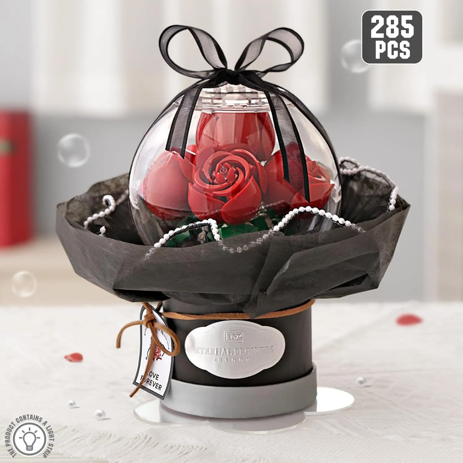 Flower Building Blocks Set with Dust-Proof Dome,Simulation Bouquet for Valentine's Day,Bonsai Building Bricks Toys,Home Decor (Red Rose)