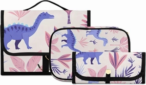 Foldable Hanging Travel Toiletry Organizer Set 3-Piece with Cosmetic Bag & Brush Holder - Cute Dinosaur (7)