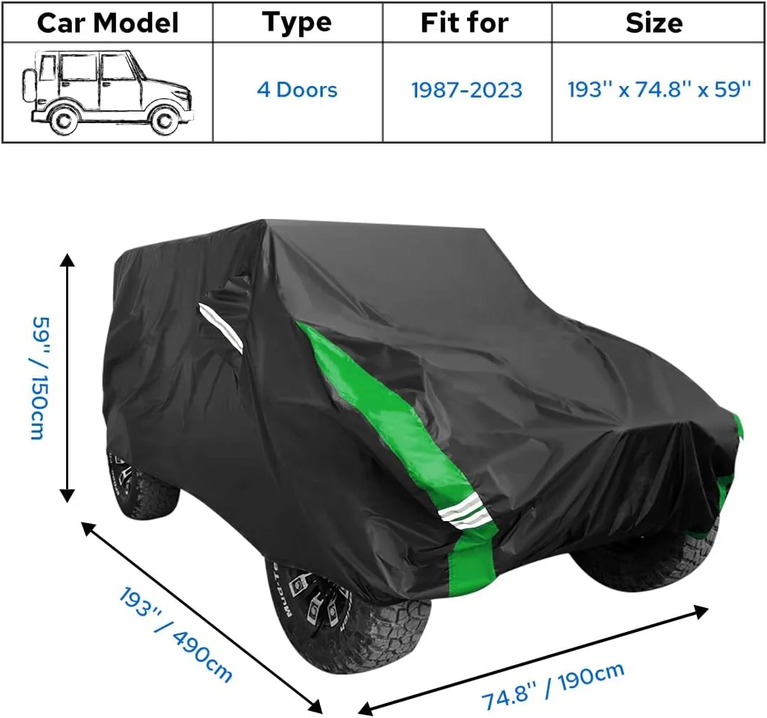 for Jeep Wrangler Cover Waterproof 4 Door, All Weather for Jeep Rain Cover for Automobiles, Outdoor Full Exterior for Jeep Covers Fits JK JL TJ YJ CJ （Green）
