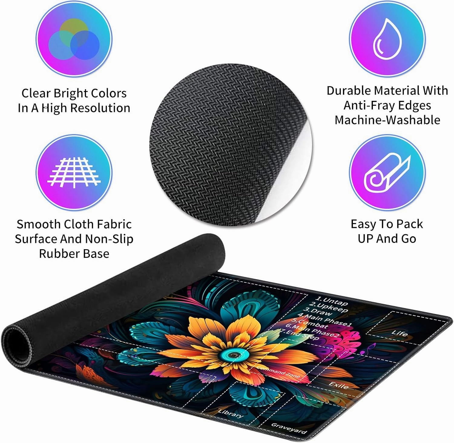 for MTG TCG Playmat,Game Play Mat for MTG TCG DTCG CCG RPG and Other Card Games/Mouse Pad 24 x 14 inches Trading Card Game Board Game with Zones and Non Slip Rubber Backing,Colorful Flower