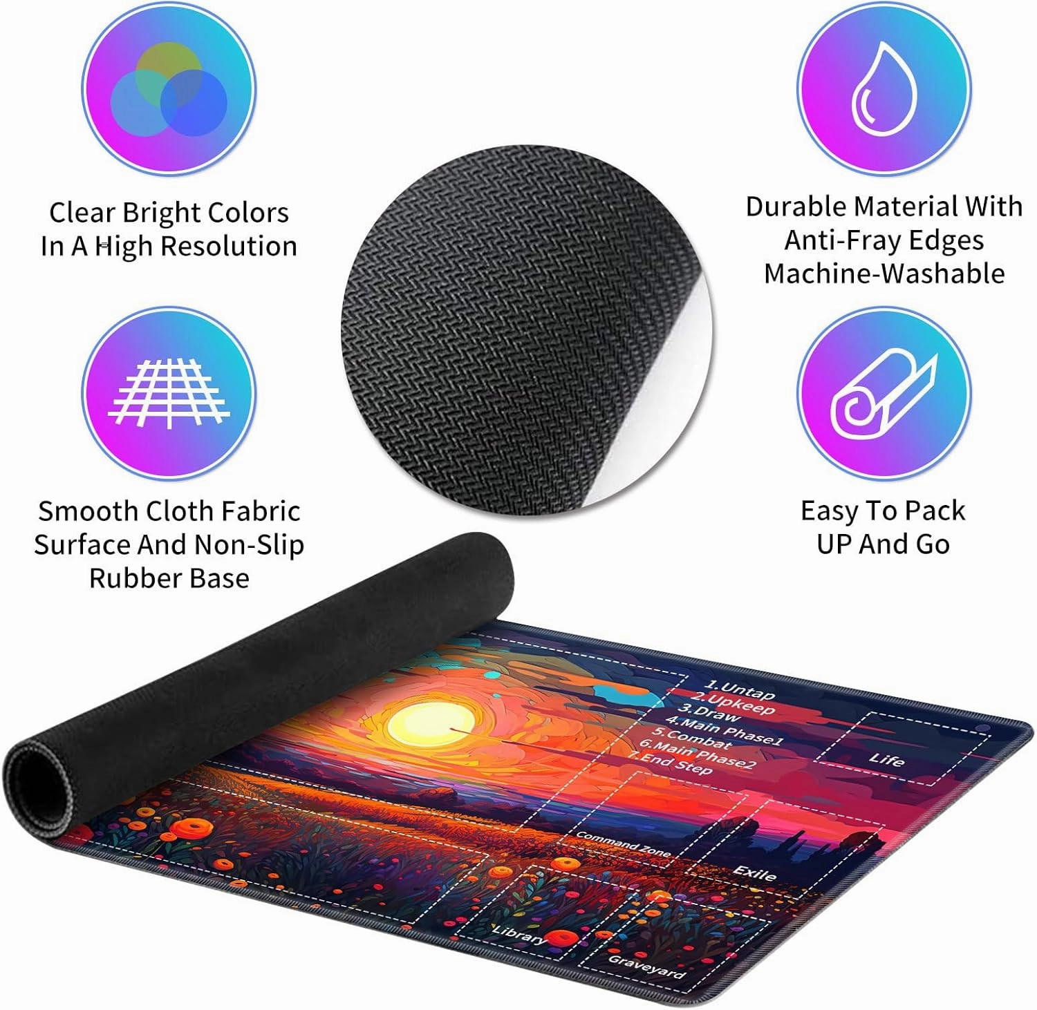 for MTG TCG Playmat,Game Play Mat for MTG TCG DTCG CCG RPG and Other Card Games/Mouse Pad 24 x 14 inches Trading Card Game Board Game with Zones and Non Slip Rubber Backing,Colorful Flower Field