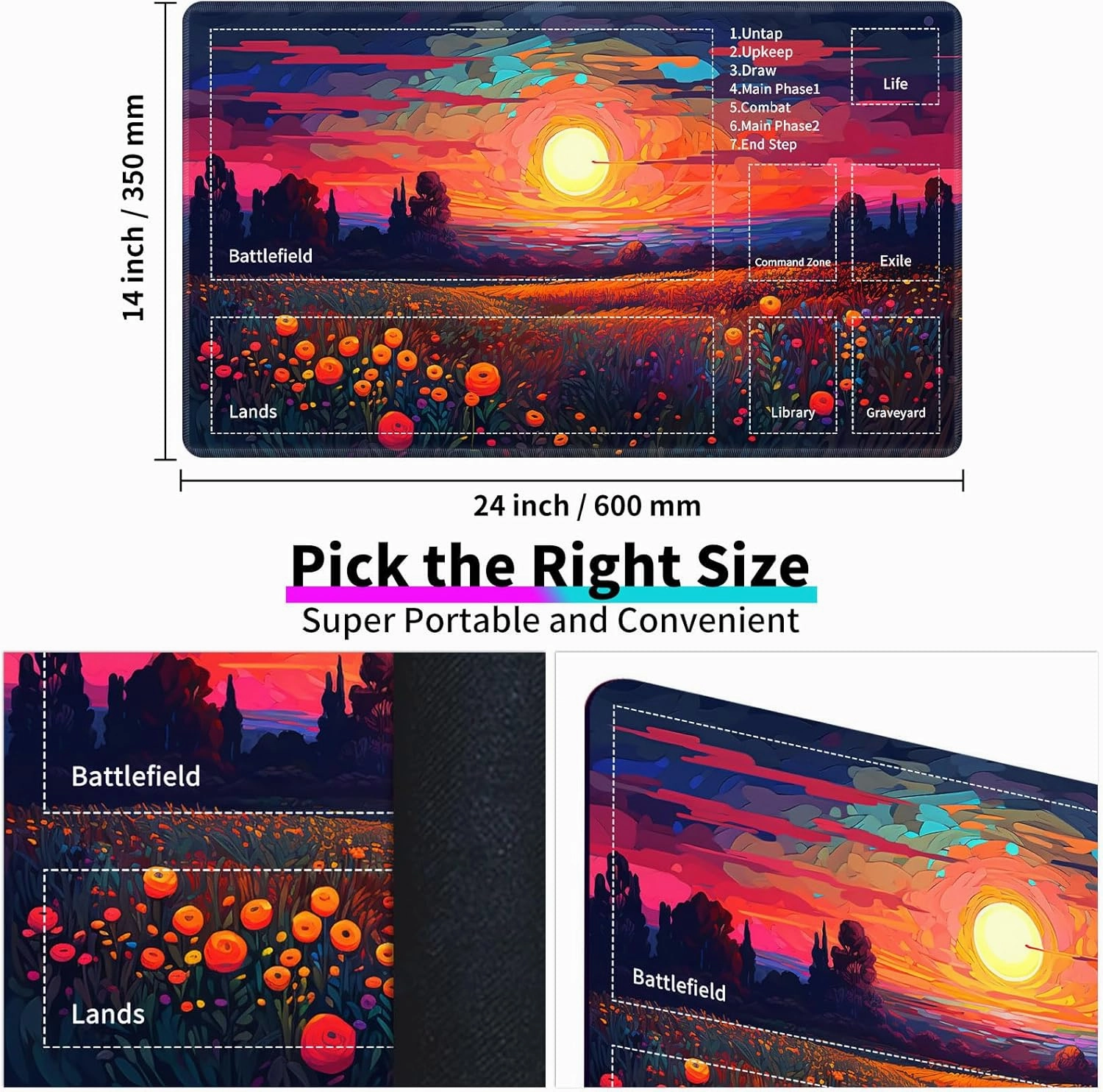 for MTG TCG Playmat,Game Play Mat for MTG TCG DTCG CCG RPG and Other Card Games/Mouse Pad 24 x 14 inches Trading Card Game Board Game with Zones and Non Slip Rubber Backing,Colorful Flower Field