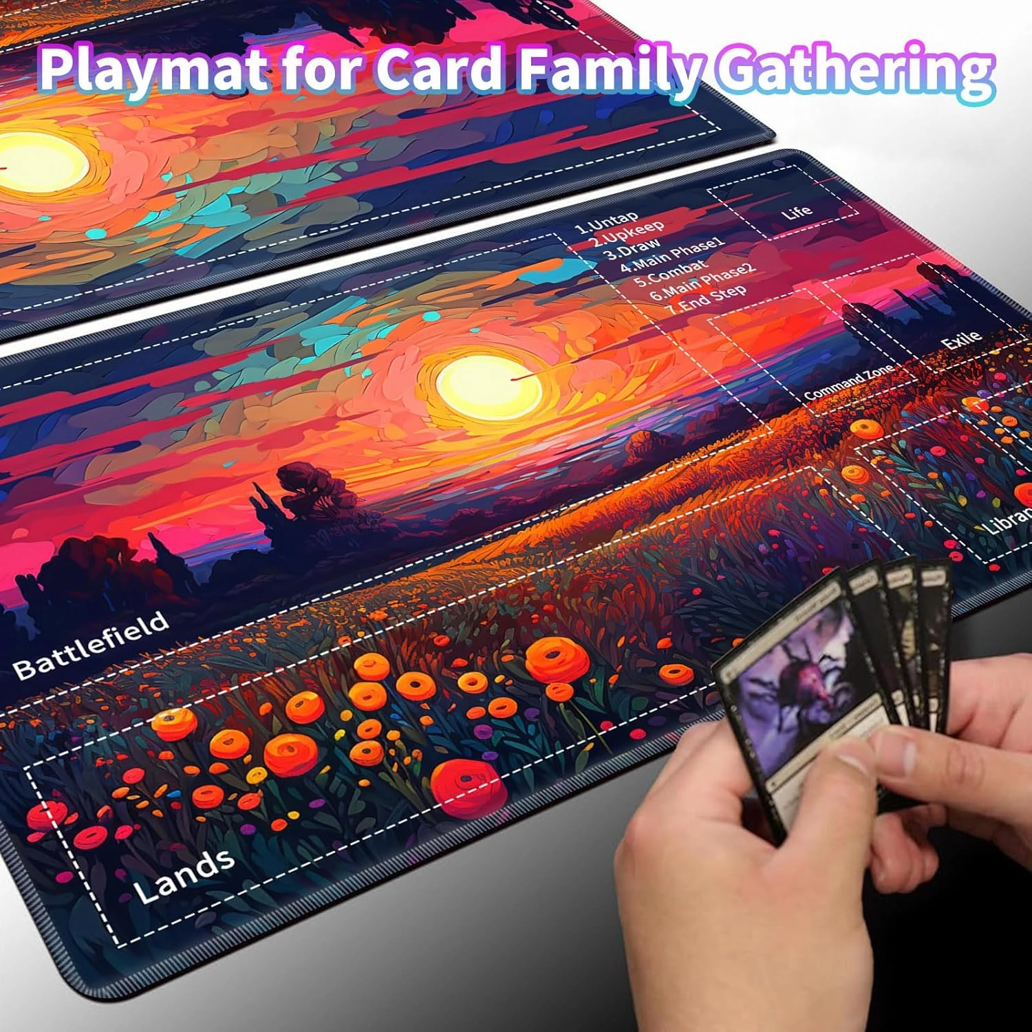 for MTG TCG Playmat,Game Play Mat for MTG TCG DTCG CCG RPG and Other Card Games/Mouse Pad 24 x 14 inches Trading Card Game Board Game with Zones and Non Slip Rubber Backing,Colorful Flower Field