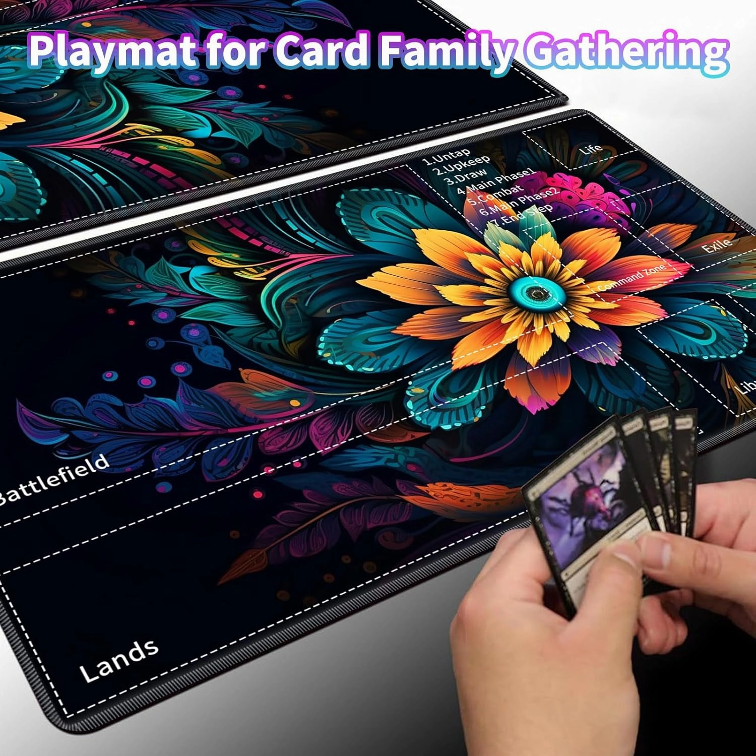 for MTG TCG Playmat,Game Play Mat for MTG TCG DTCG CCG RPG and Other Card Games/Mouse Pad 24 x 14 inches Trading Card Game Board Game with Zones and Non Slip Rubber Backing,Colorful Flower