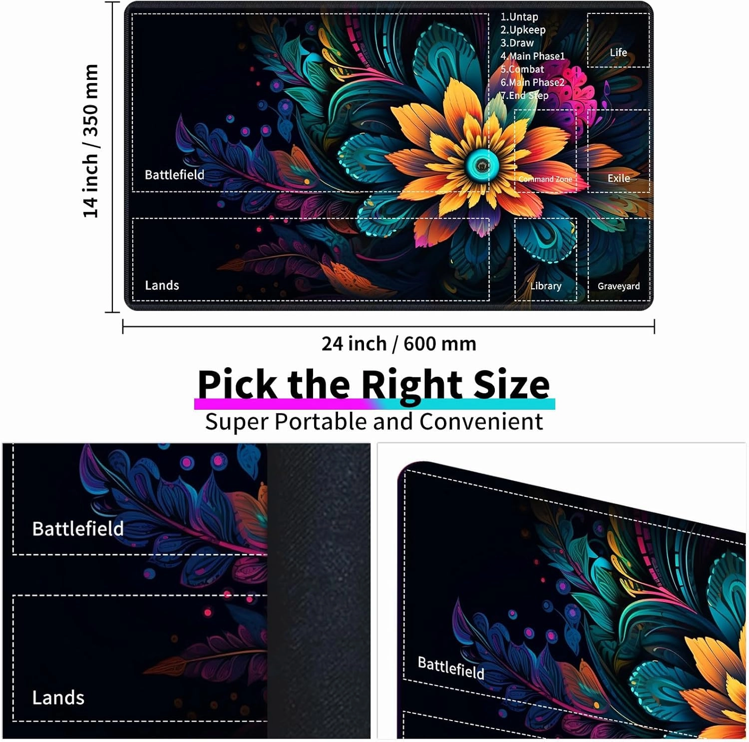 for MTG TCG Playmat,Game Play Mat for MTG TCG DTCG CCG RPG and Other Card Games/Mouse Pad 24 x 14 inches Trading Card Game Board Game with Zones and Non Slip Rubber Backing,Colorful Flower