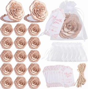 Framendino, 20 Set Rose Compact Mirror Bulk Wedding Party Favors Including Mini Mirrors Thank You Tag White Organza Bag and Jute Twine for Bridal Shower Souvenirs