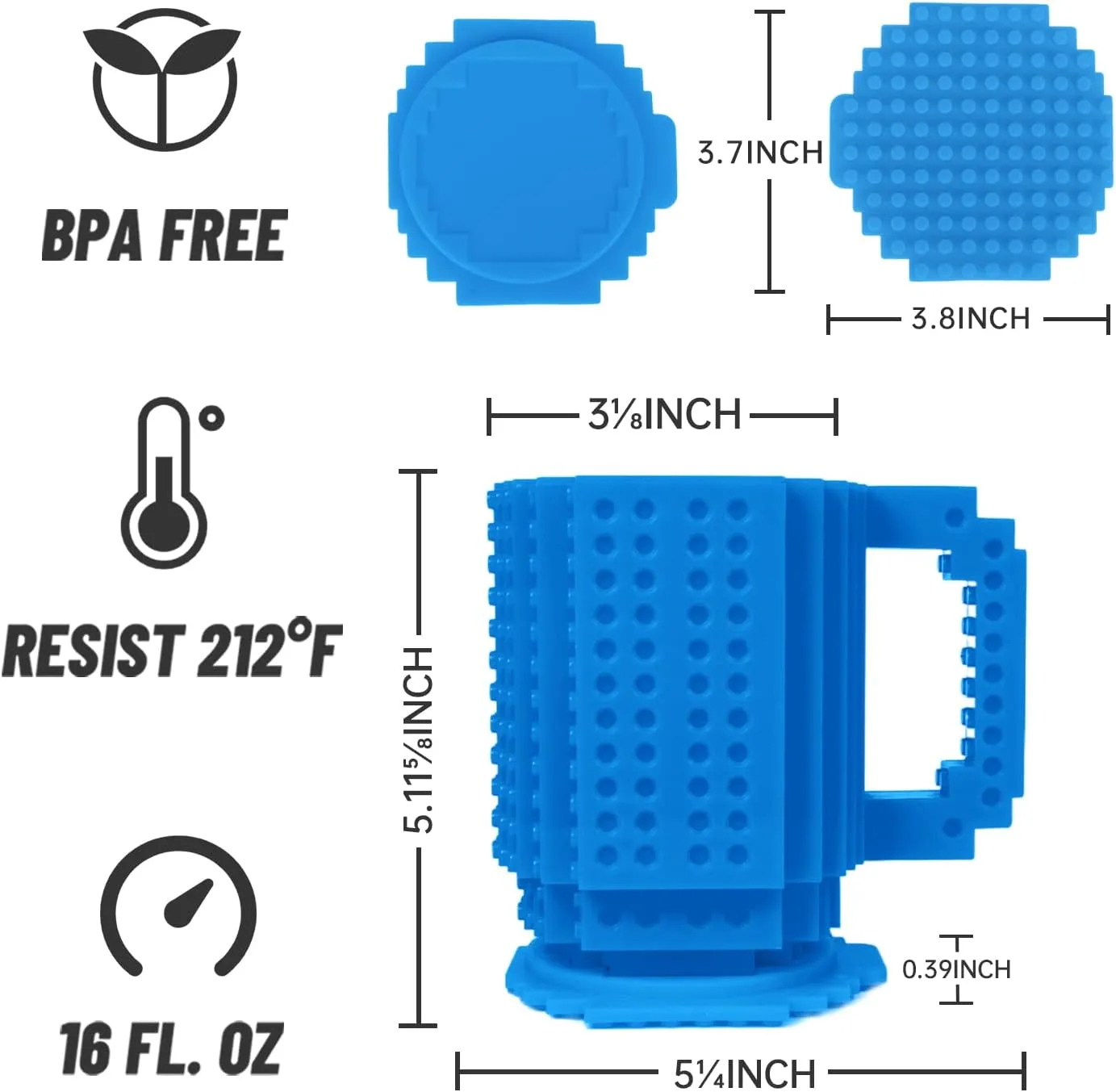 Fubarbar Novelty Coffee Mugs- Kids Brick Gaming Mug Building Head Cup with Straw, Funny Xmas/Birthday Gift for Men, Women, Kids (Blue)