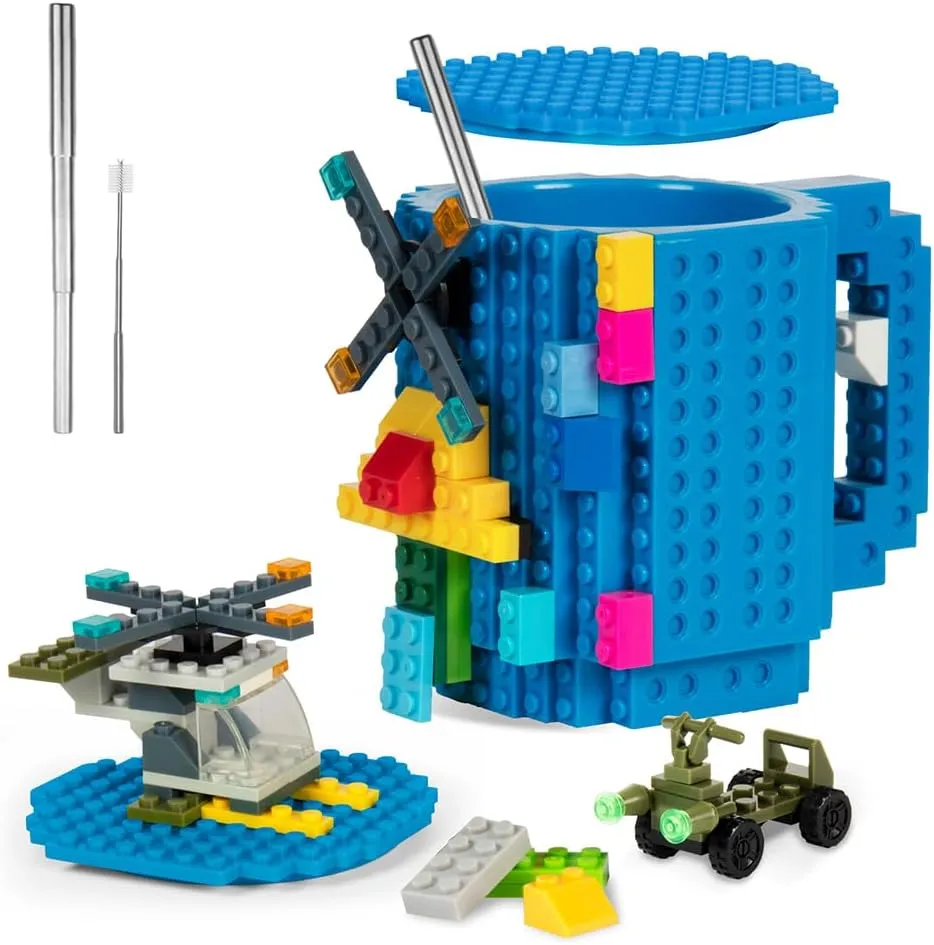 Fubarbar Novelty Coffee Mugs- Kids Brick Gaming Mug Building Head Cup with Straw, Funny Xmas/Birthday Gift for Men, Women, Kids (Blue)