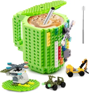 Fubarbar Novelty Coffee Mugs- Kids Brick Gaming Mug Building Head Cup with Straw, Funny Xmas/Birthday Gift for Men, Women, Kids (Green)
