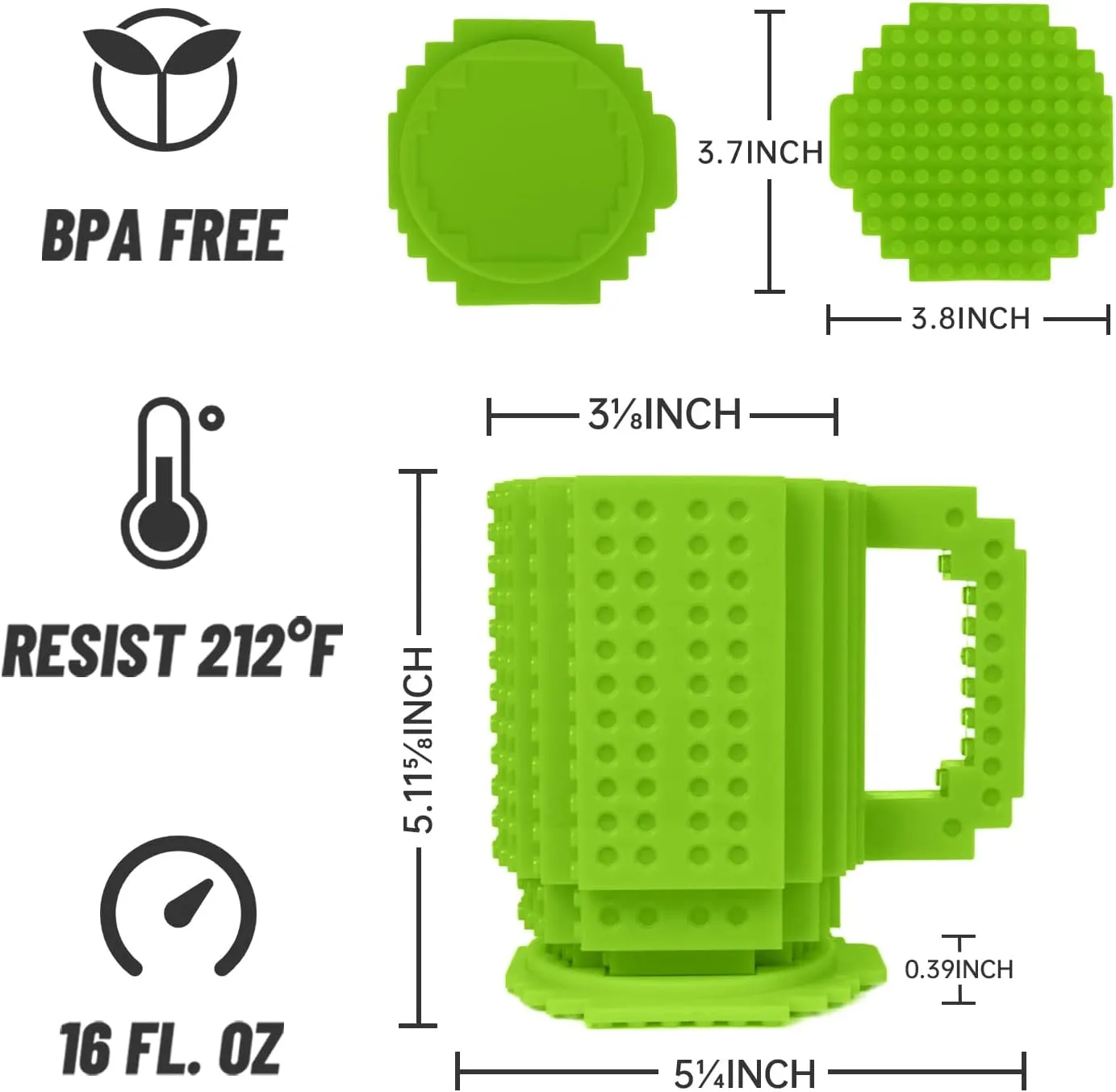 Fubarbar Novelty Coffee Mugs- Kids Brick Gaming Mug Building Head Cup with Straw, Funny Xmas/Birthday Gift for Men, Women, Kids (Green)