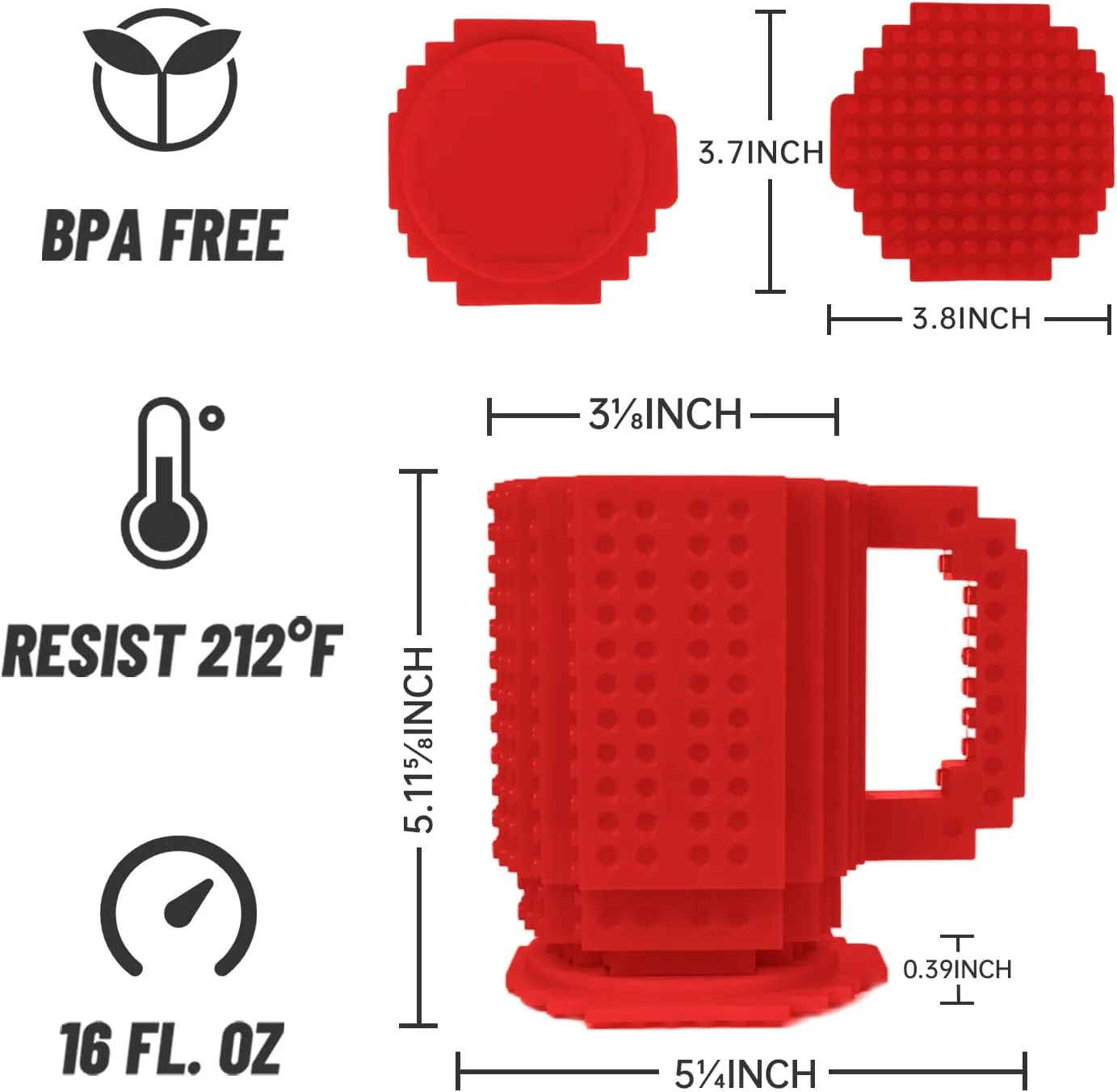 Fubarbar Novelty Coffee Mugs- Kids Brick Gaming Mug Building Head Cup with Straw, Funny Xmas/Birthday Gift For Men, Women, Kids (Red)