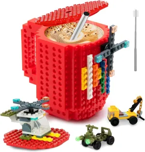 Fubarbar Novelty Coffee Mugs- Kids Brick Gaming Mug Building Head Cup with Straw, Funny Xmas/Birthday Gift For Men, Women, Kids (Red)