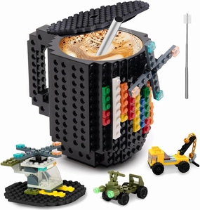 Fubarbar Novelty Coffee Mugs- Kids Brick Gaming Mug Building Head Cup with Straw, Funny Xmas/Birthday Gift For Men, Women, Kids (Black)