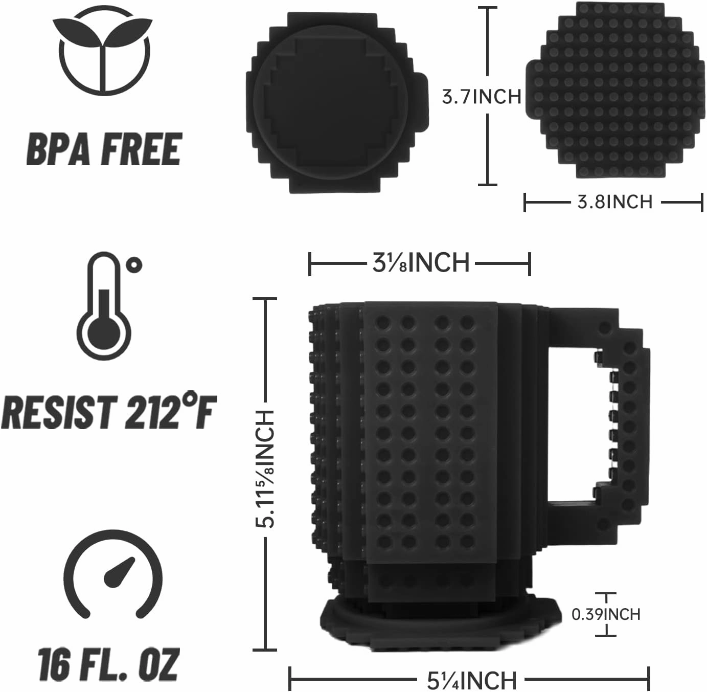 Fubarbar Novelty Coffee Mugs- Kids Brick Gaming Mug Building Head Cup with Straw, Funny Xmas/Birthday Gift For Men, Women, Kids (Black)