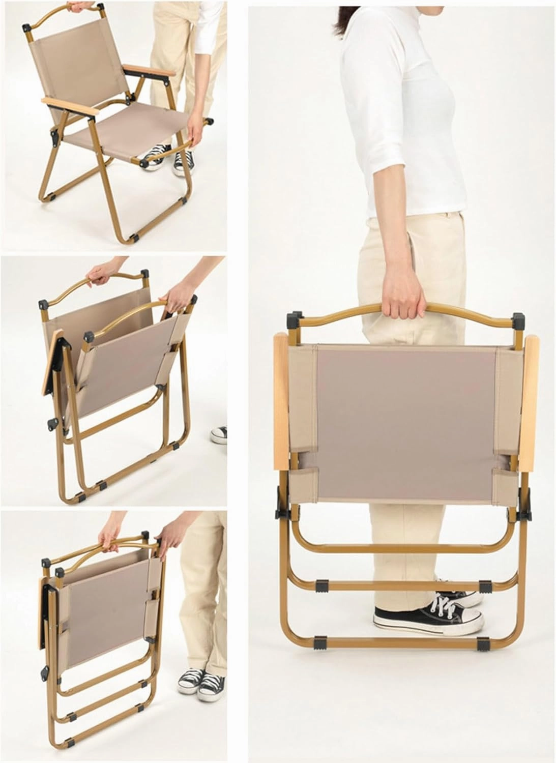 Fully Padded Camping Chair with Lumbar Support, Heavy Duty Fold Chair with Wooden Armrests, Support 300 LBS, Concert Outdoor Foldable Camp Chairs, 54x45x61cm, Beige