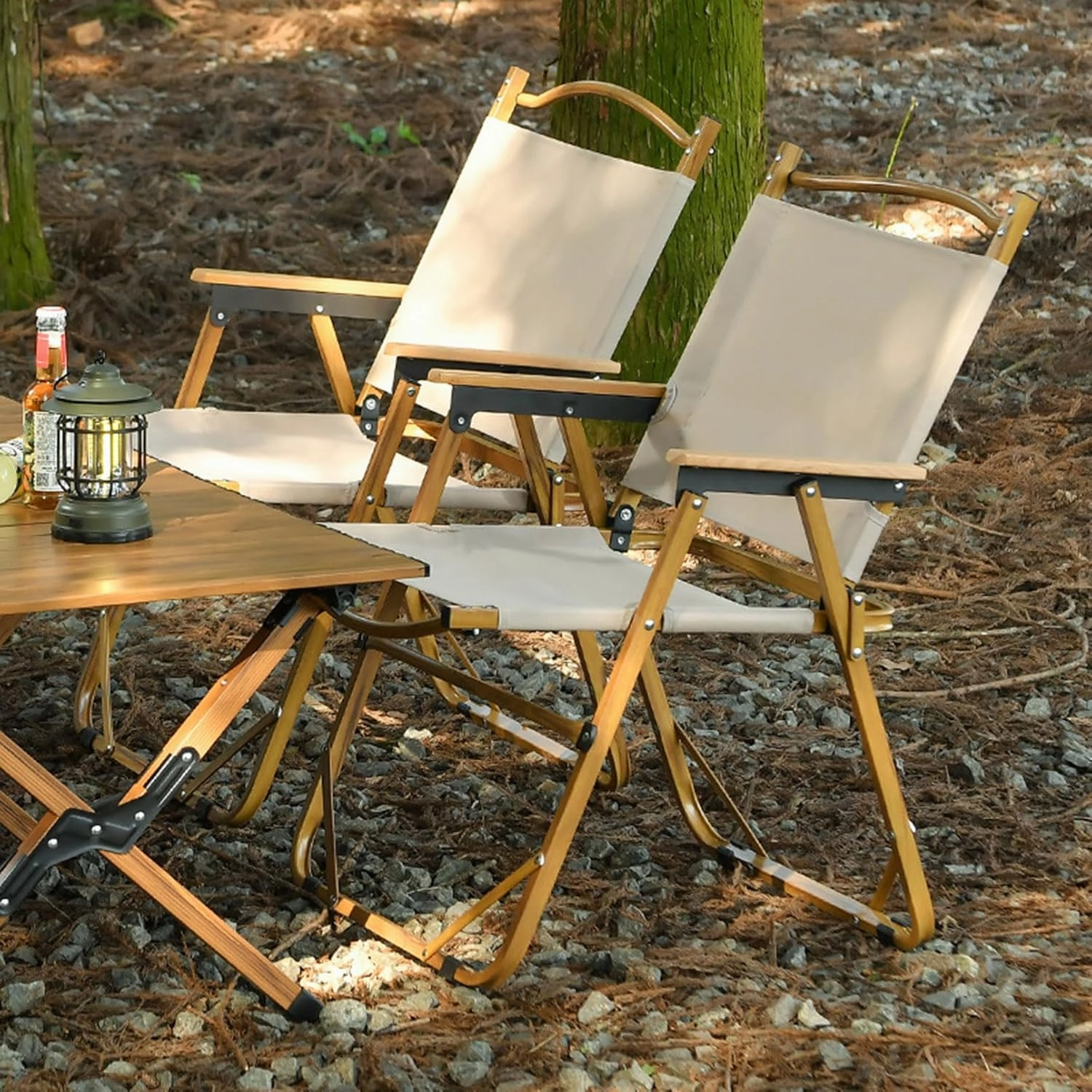 Fully Padded Camping Chair with Lumbar Support, Heavy Duty Fold Chair with Wooden Armrests, Support 300 LBS, Concert Outdoor Foldable Camp Chairs, 54x45x79cm, Black
