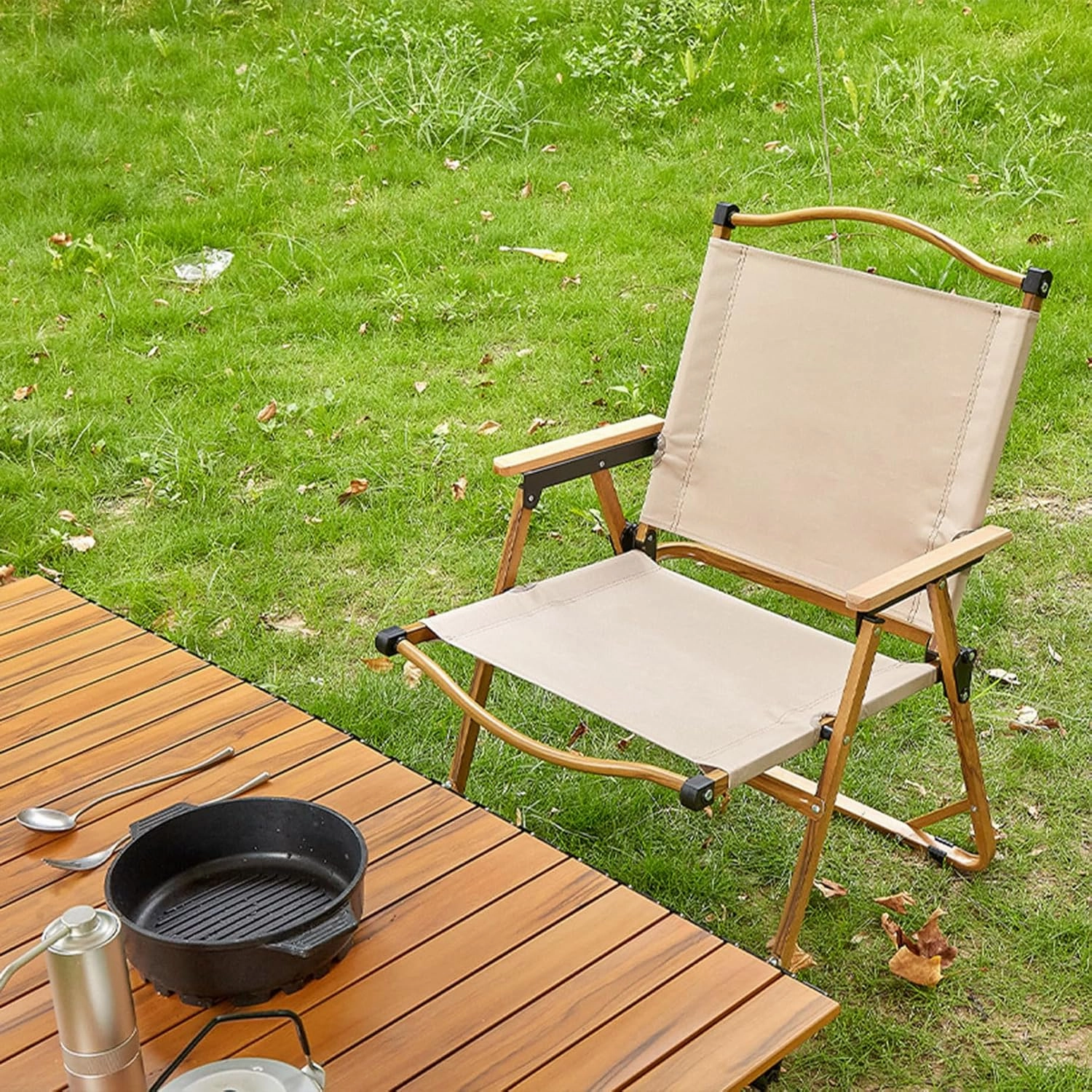 Fully Padded Camping Chair with Lumbar Support, Heavy Duty Fold Chair with Wooden Armrests, Support 300 LBS, Concert Outdoor Foldable Camp Chairs, 54x45x79cm, Black