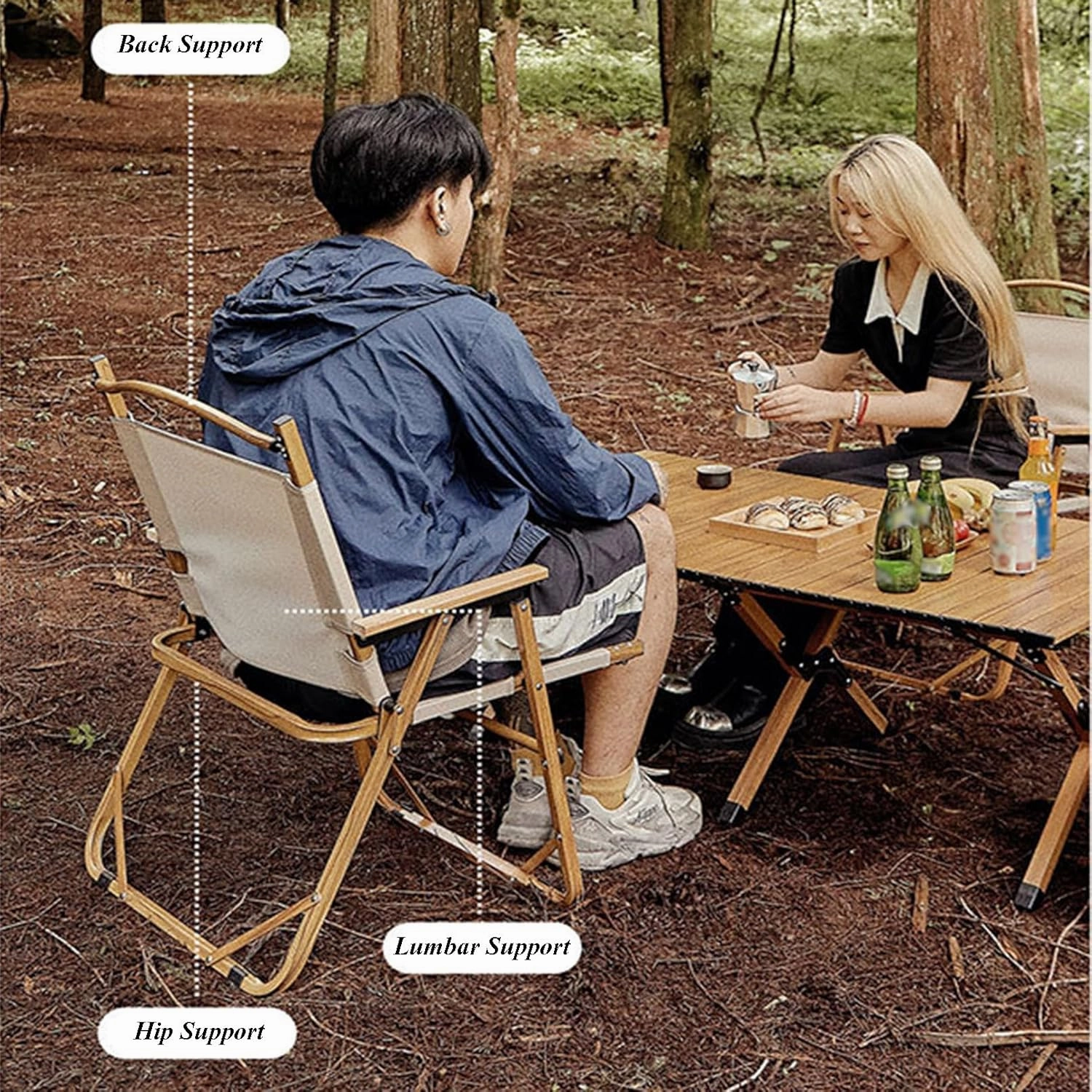 Fully Padded Camping Chair with Lumbar Support, Heavy Duty Fold Chair with Wooden Armrests, Support 300 LBS, Concert Outdoor Foldable Camp Chairs, 54x45x79cm, Black