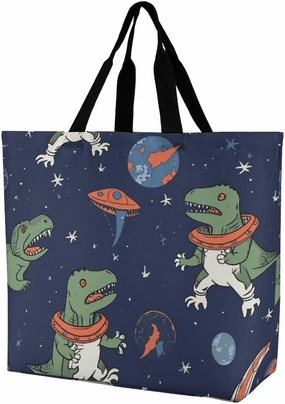 Funny Astronaut Dinosaur Rocket Shoulder Tote Bag, Casual Shopping Bags Handbag Large Shoulder Bag for Work Beach Travel And Grocery Bags