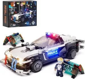 FUNWHOLE Police Patrol Car Lighting Building-Bricks Set - Cyberpunk City Car Chase Playkit with Officer 372 Pcs STEM Toys