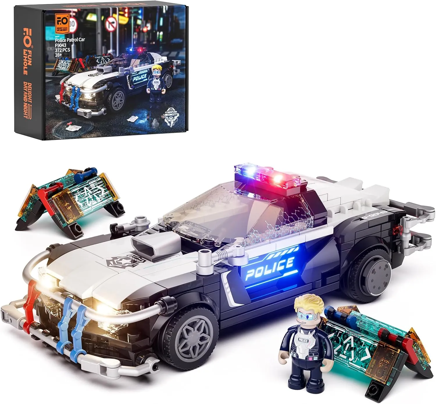 FUNWHOLE Police Patrol Car Lighting Building-Bricks Set - Cyberpunk City Car Chase Playkit with Officer 372 Pcs STEM Toys
