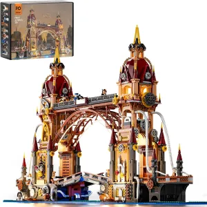 FUNWHOLE Steampunk City Bridge Lighting Building-Bricks Set - 3170 Pcs Tower and Movable Bridge Architecture Model Kits Construction Building Set for Adults