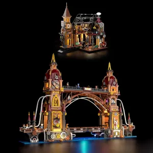FUNWHOLE Steampunk City Bridge Lighting Building-Bricks Set & Train-Station Lighting Building Bricks Set