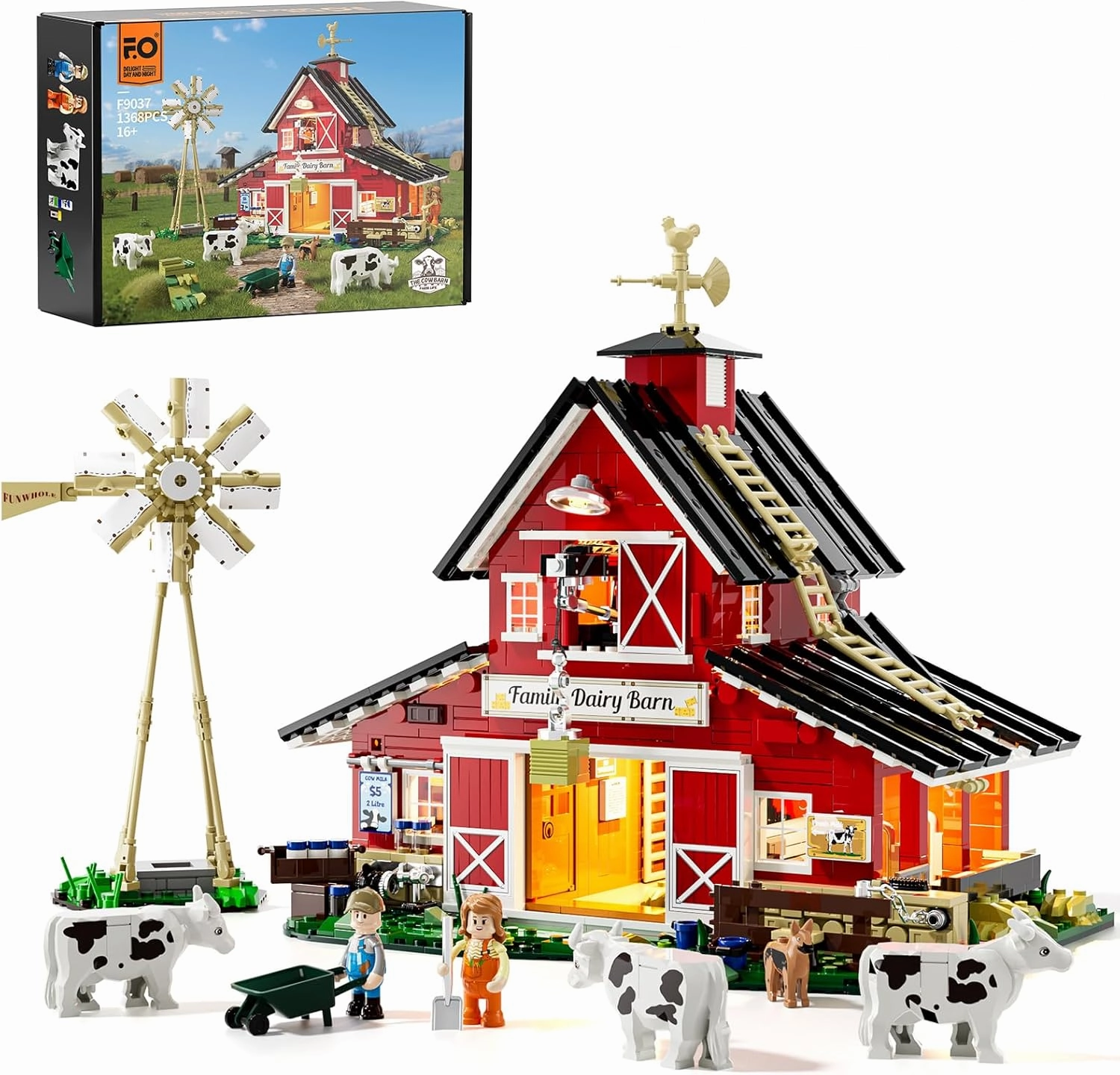 FUNWHOLE Farm Cow-Barn Lighting Building-Bricks Set - Farm Life Cow Barn House Collection LED Light Building Construction Set 1368 Pcs for Adults and Teen