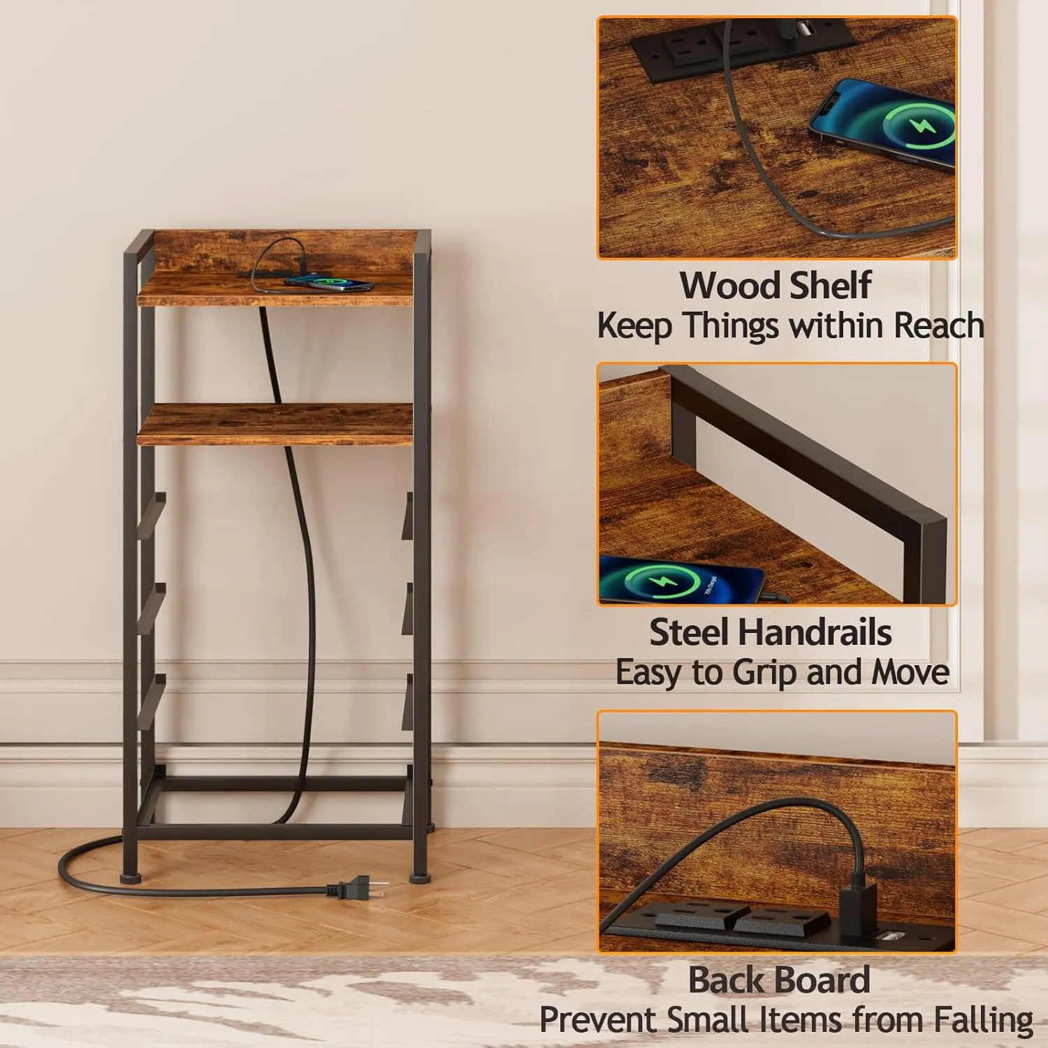 Furnulem Night Stand with Charging Station and Led Light, 4 Drawer Dresser for Bedroom, Small Nightstand Bedside Table, Fabric Bins, Metal Frame, Wood Shelf, Side Furniture(Rustic Brown)
